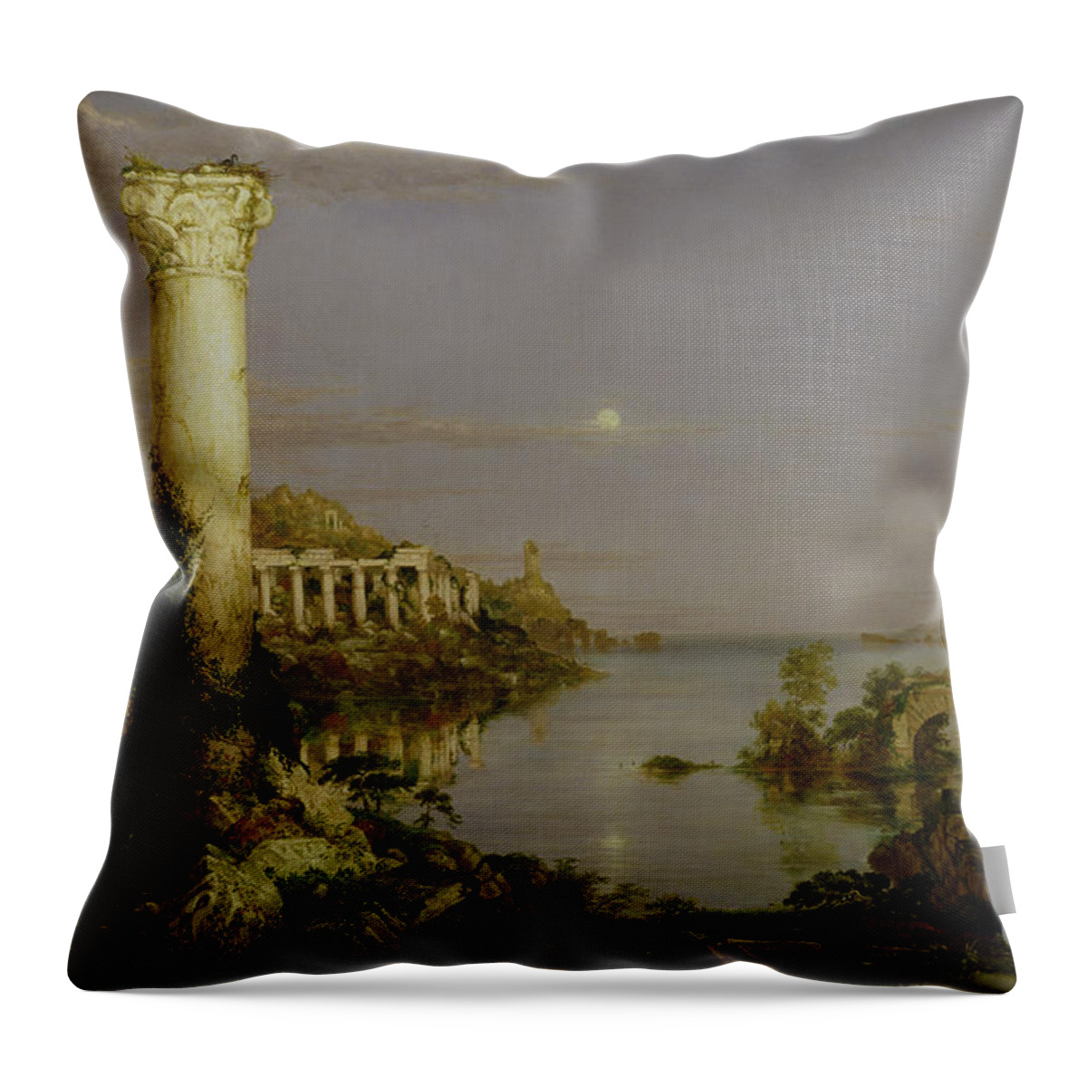 Moonlit Landscape; Classical; Architecture; Ruin; Ruins; Desolate; Bridge; Column; Hudson River School; Moon Throw Pillow featuring the painting The Course of Empire - Desolation by Thomas Cole