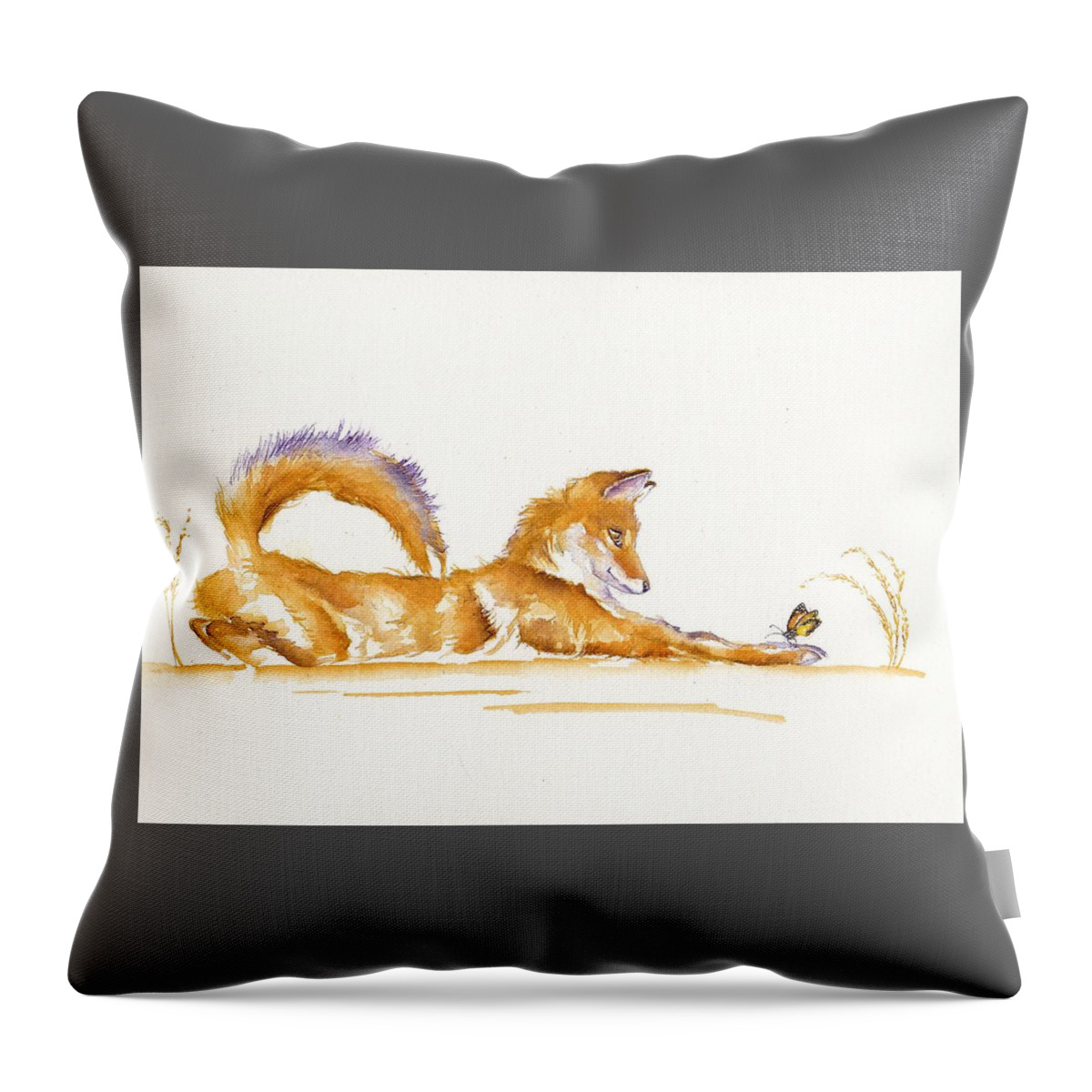 Red Fox Throw Pillow featuring the painting The Creepy Crawlie - Fox Cub by Debra Hall