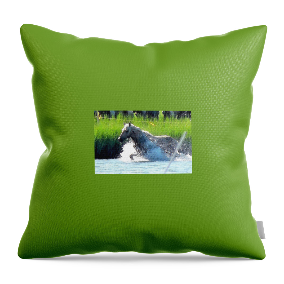 Wild Horse Throw Pillow featuring the photograph The Crossing - Chincoteague Pony Run by Kim Bemis