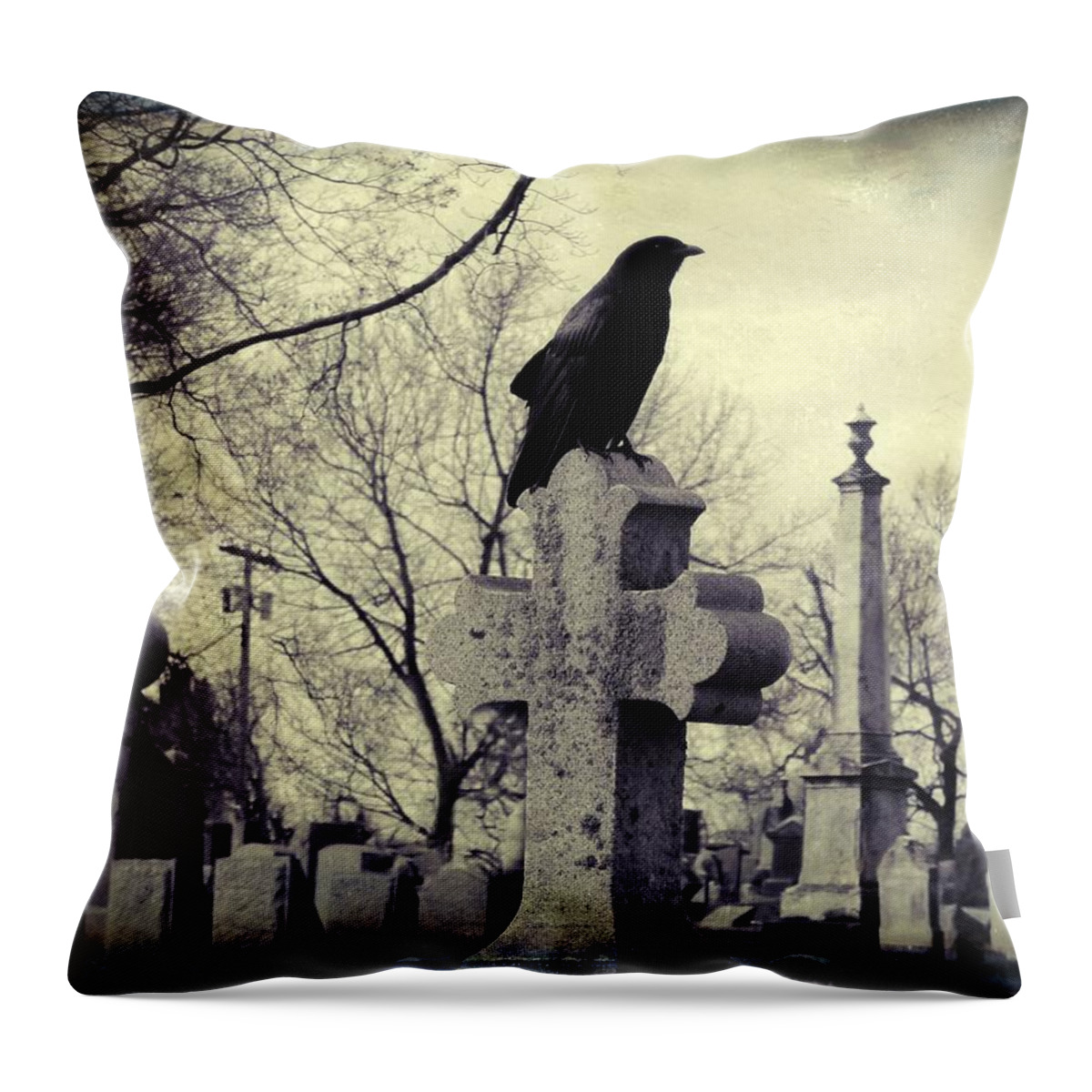 Crow In Graveyard Throw Pillow featuring the photograph Crow Is A Common Cemetery Staple by Gothicrow Images