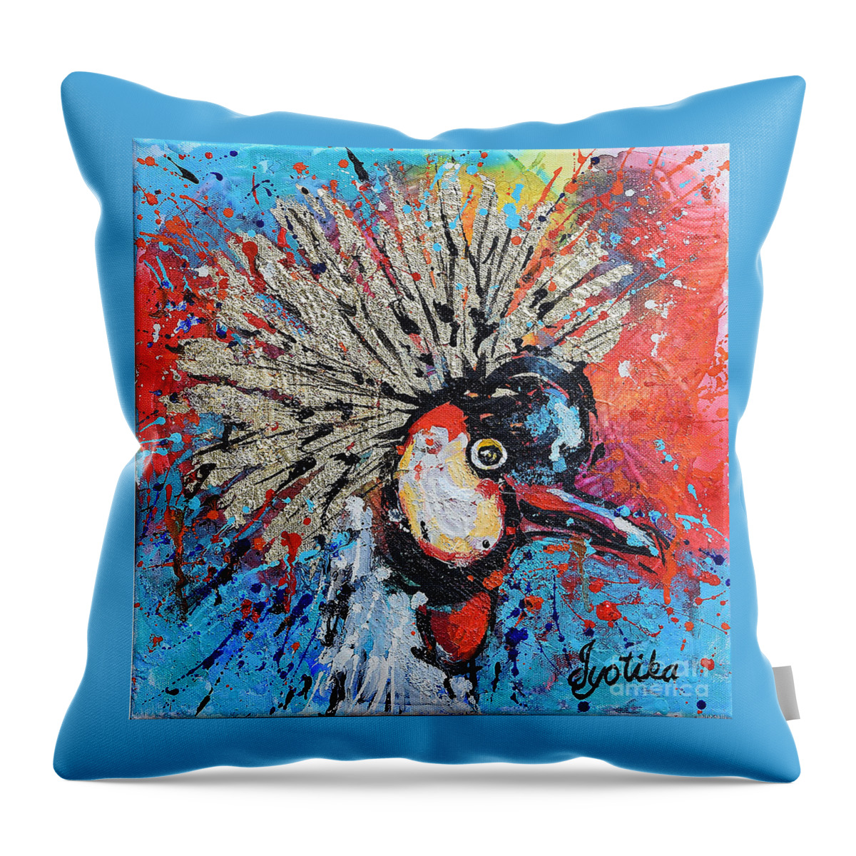 Grey Crowned Crane Throw Pillow featuring the painting The Crowned Crane by Jyotika Shroff