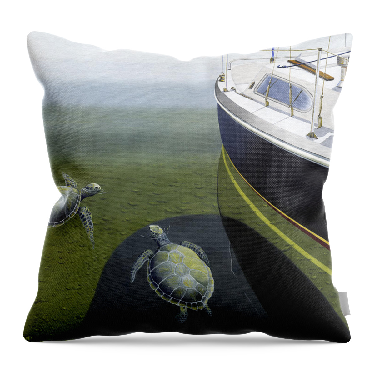 Sail Boat Throw Pillow featuring the painting The Curiosity Of Sea Turtles by Gary Giacomelli