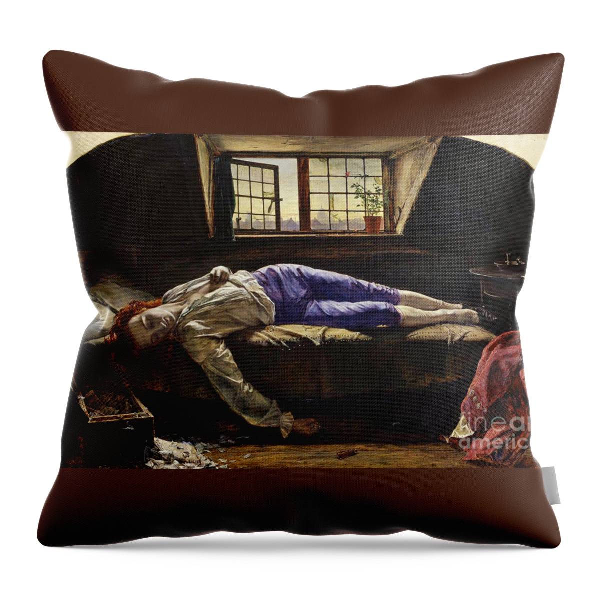 Henry Wallis - The Death Of Chatterton 1856. Young Beautiful Girl Throw Pillow featuring the painting The Death of Chatterton by MotionAge Designs