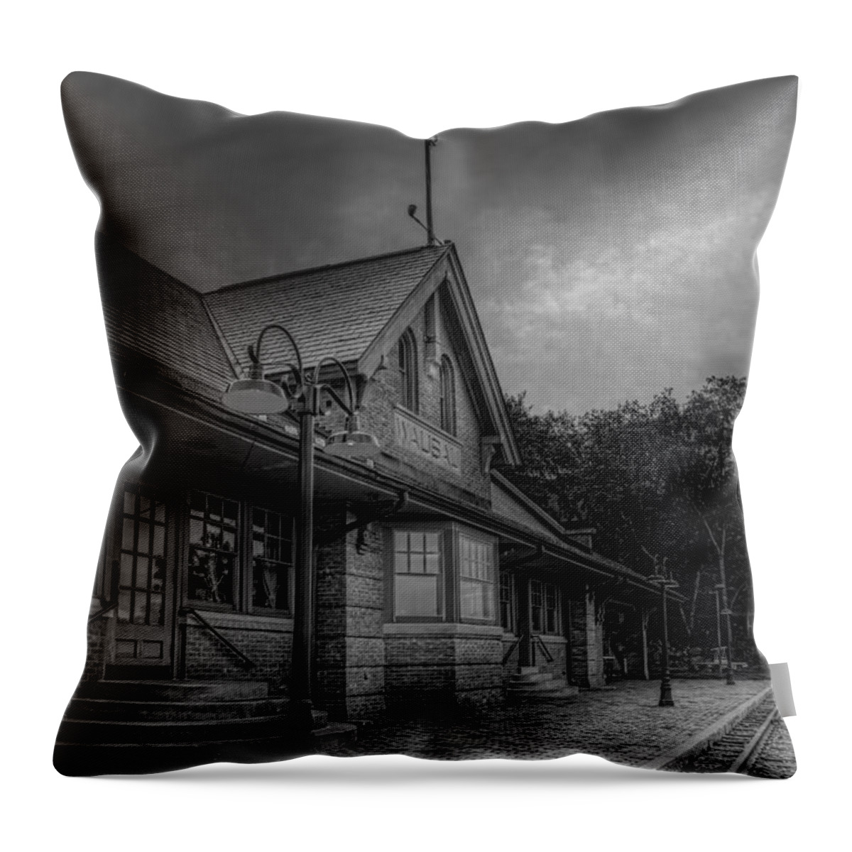 Railroad Throw Pillow featuring the photograph The Depot Walkway Black And White by Dale Kauzlaric