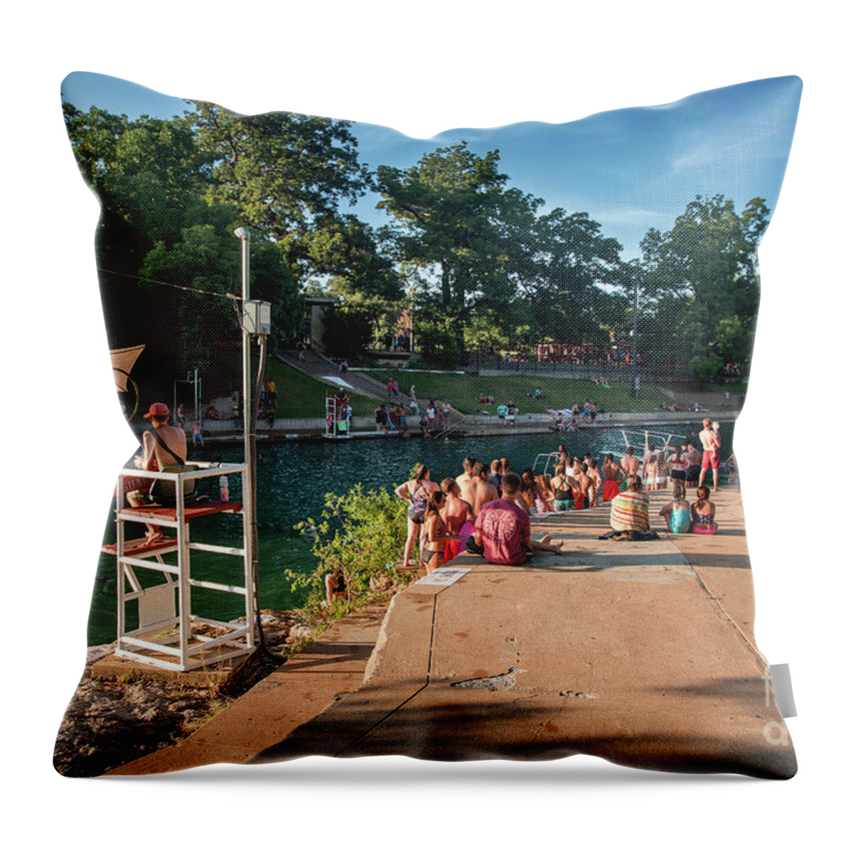 Barton Springs Pool Throw Pillow featuring the photograph The diving board at Barton Springs Pool is always a popular acti by Dan Herron