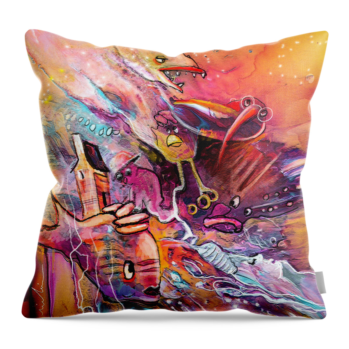 Fantasy Throw Pillow featuring the painting The Dream of The Fish that Caried His House on His Back by Miki De Goodaboom