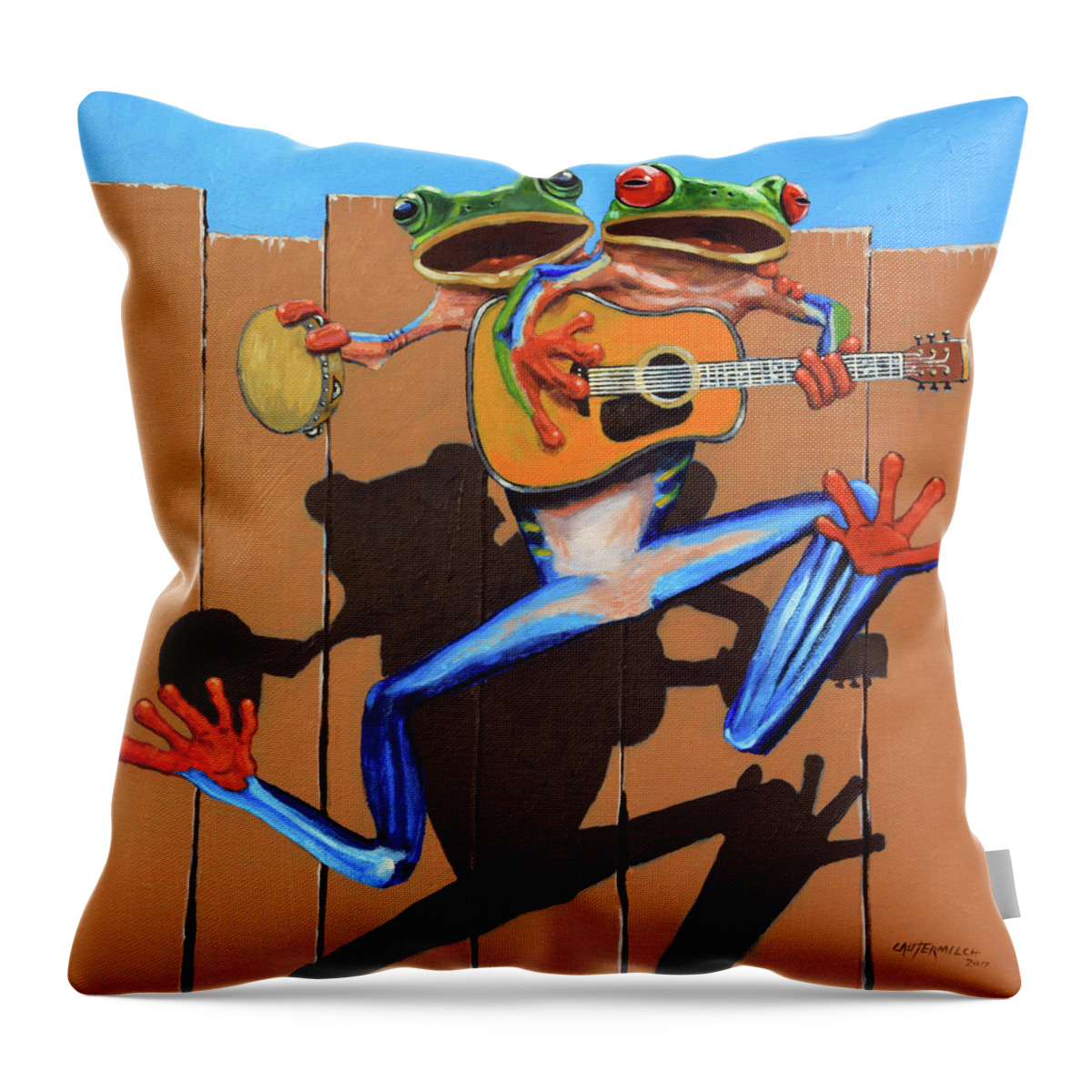 Frogs Throw Pillow featuring the painting The Duet by John Lautermilch