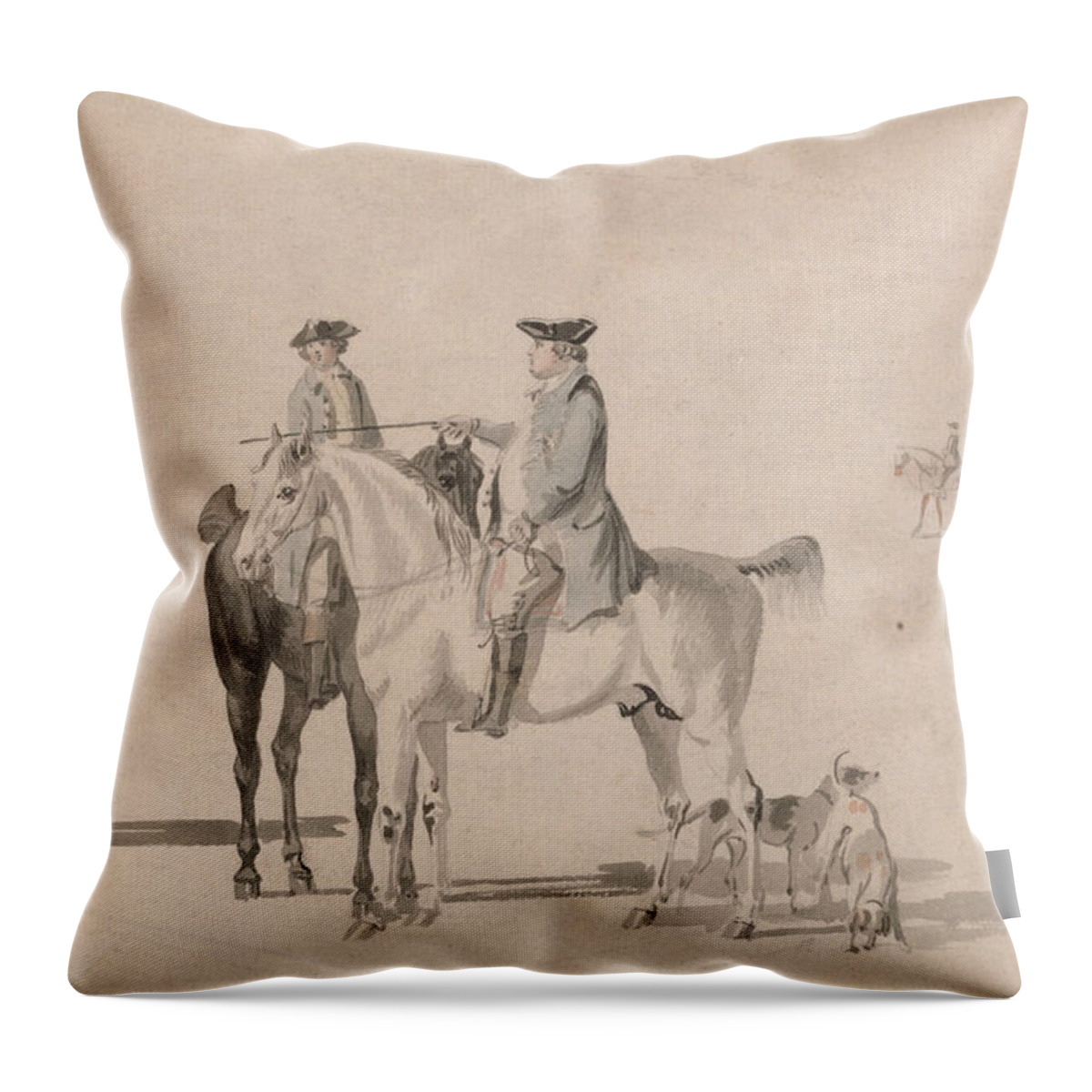 Paul Sandby Throw Pillow featuring the painting The Duke of Cumberland with a Gentleman and a Groom, all mounted, and Dogs by Paul Sandby