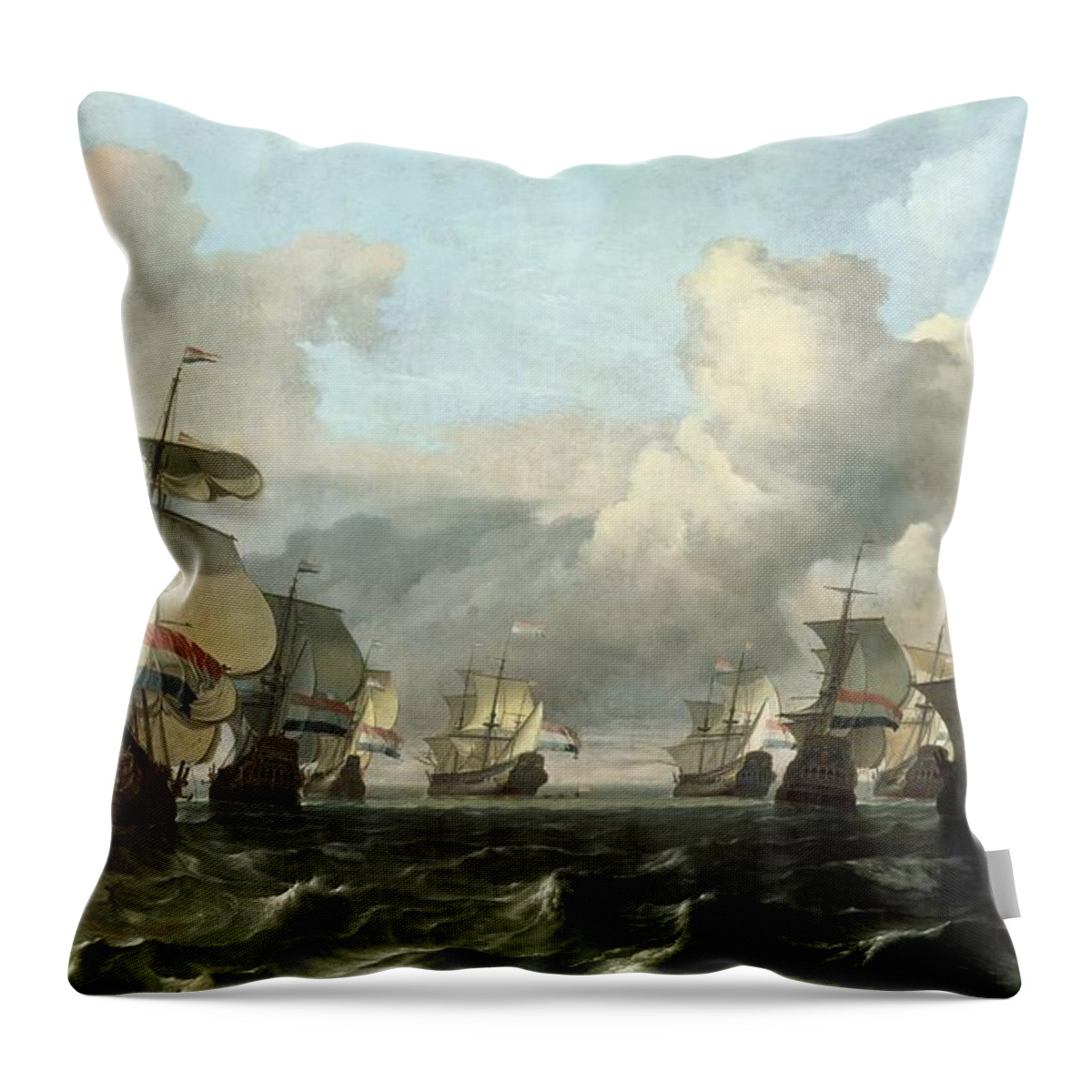 The Throw Pillow featuring the painting The Dutch Fleet of the India Company by Ludolf Backhuysen