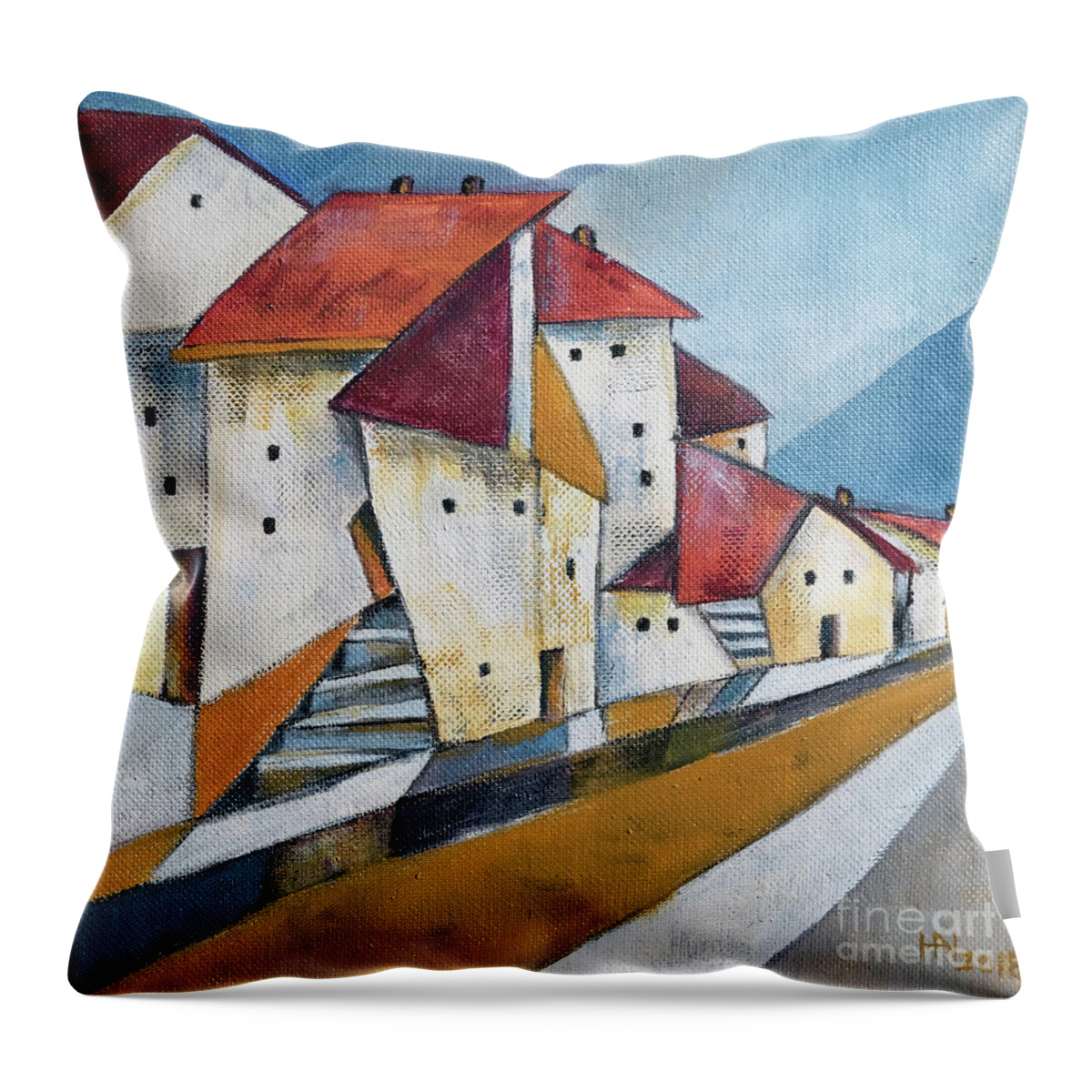 Houses Throw Pillow featuring the painting The edge of town by Aniko Hencz