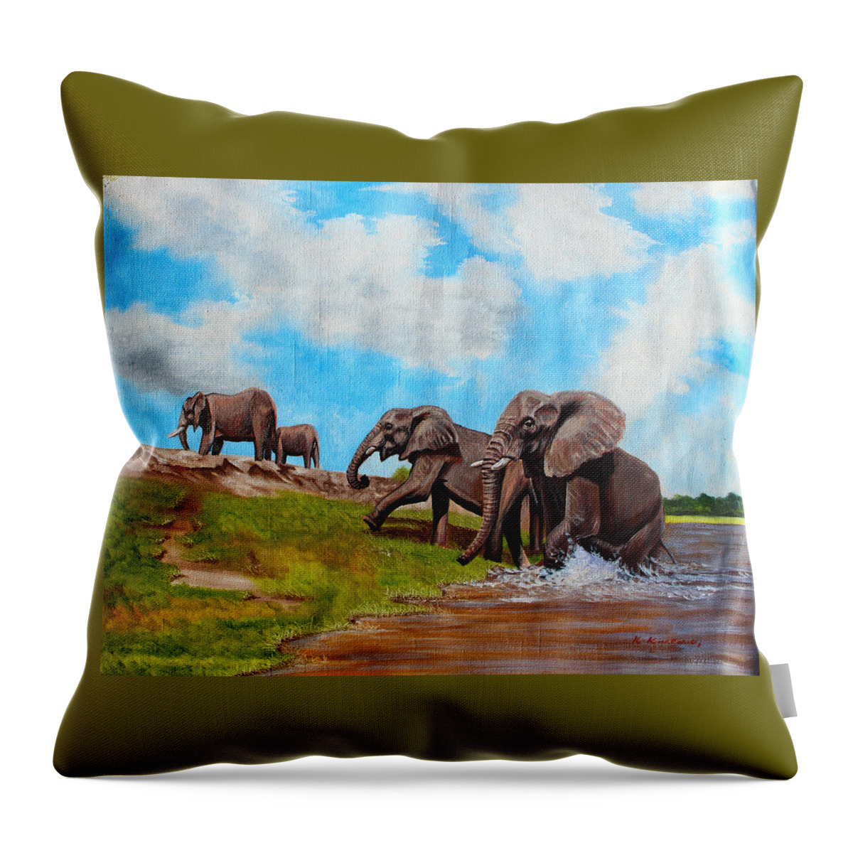 True African Art Throw Pillow featuring the painting The Elephants Rise by Richard Kimenia