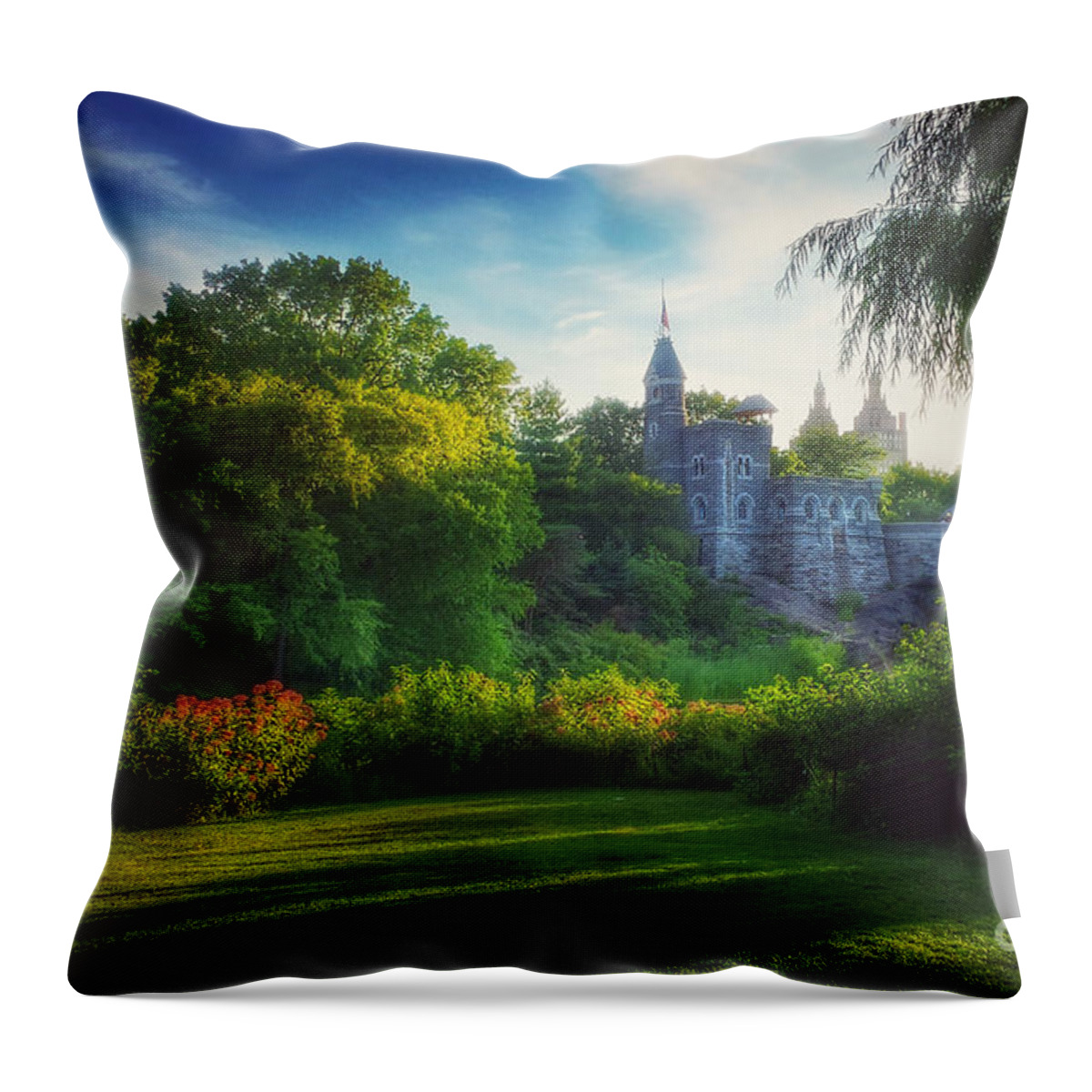 Belvedere Castle Throw Pillow featuring the photograph The Enchanted Land - Belvedere Castle Central Park in Summer by Miriam Danar