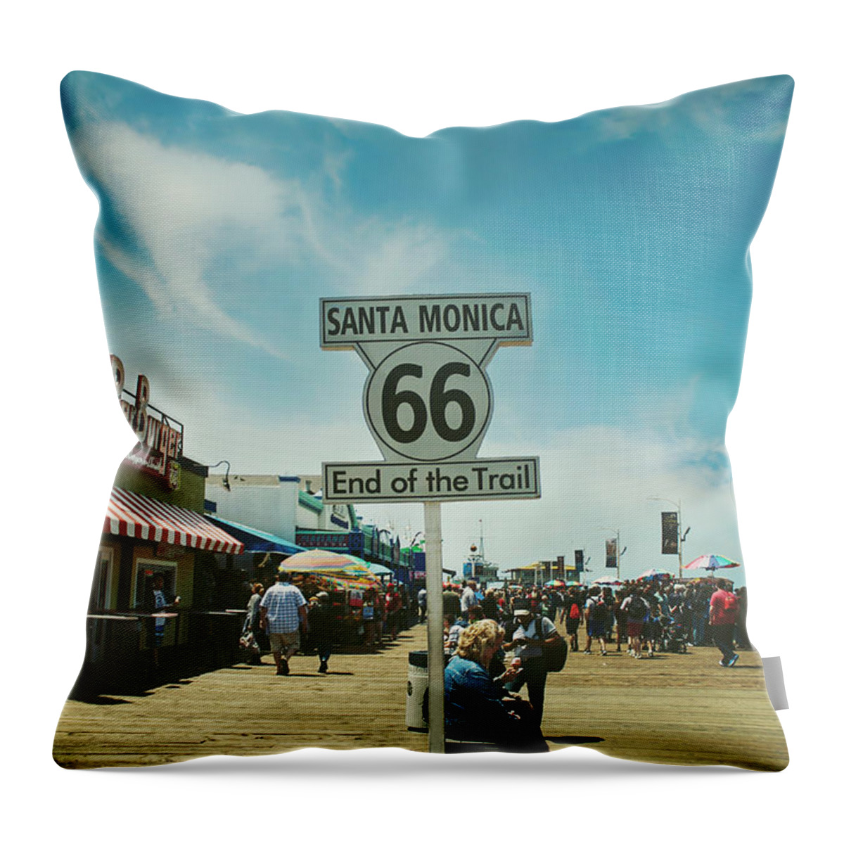 Santa Monica Pier Throw Pillow featuring the photograph The End of Sixty-Six by Laurie Search