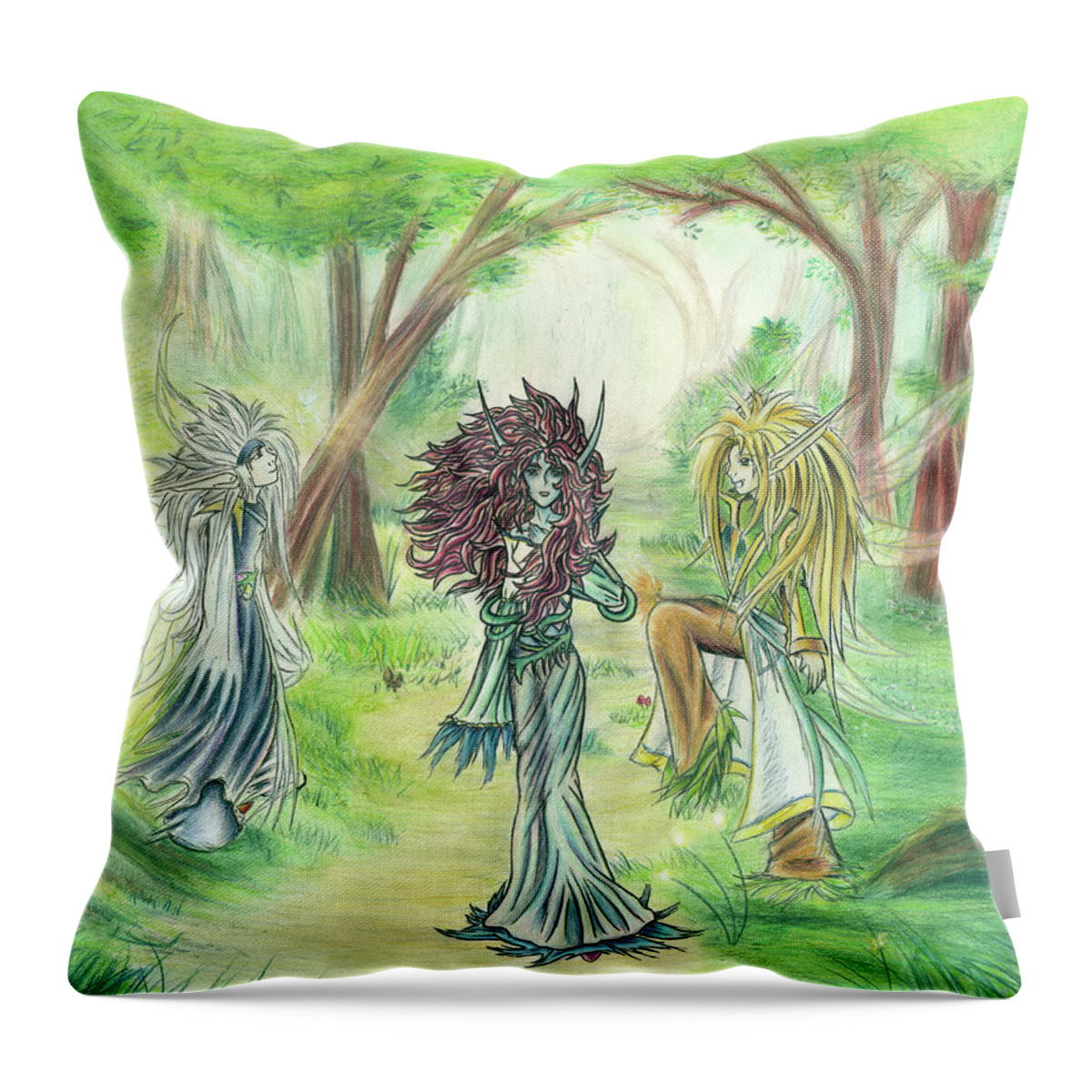 Fae Throw Pillow featuring the painting The Fae - Sylvan Creatures of the Forest by Shawn Dall