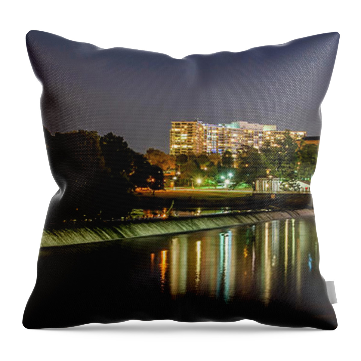 The Throw Pillow featuring the photograph The Fairmount Dam and Art Museum at Night Panorama by Bill Cannon