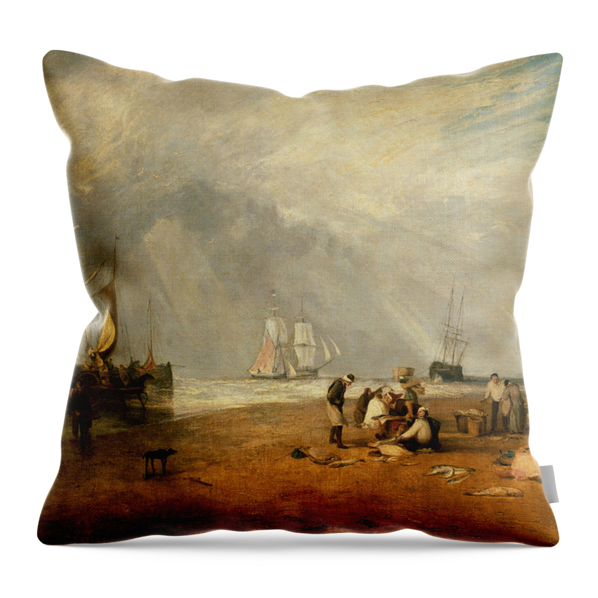 19th Century Art Throw Pillow featuring the painting The Fish Market at Hastings Beach by Joseph Mallord William Turner