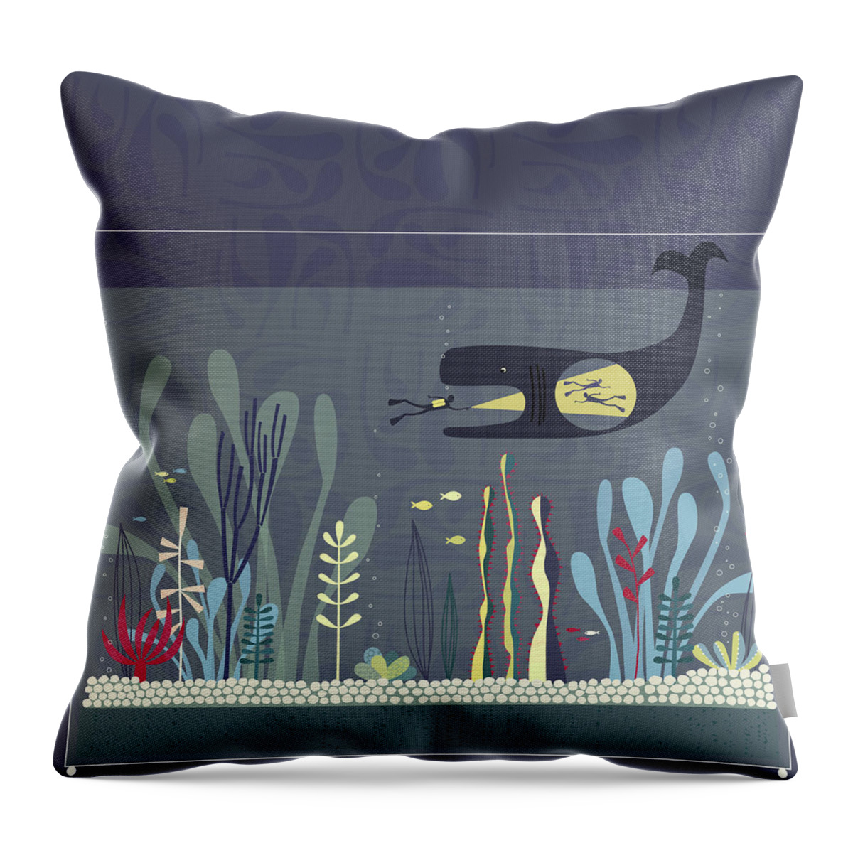 Fish Tank Aquarium Snorkel Scuba Snorkelling Diving Diver Whale Ocean Sea Nautical Peril Art Design Illustration Nicsquirrell Squirrell Danger Dangerous Throw Pillow featuring the painting The Fishtank by Nic Squirrell