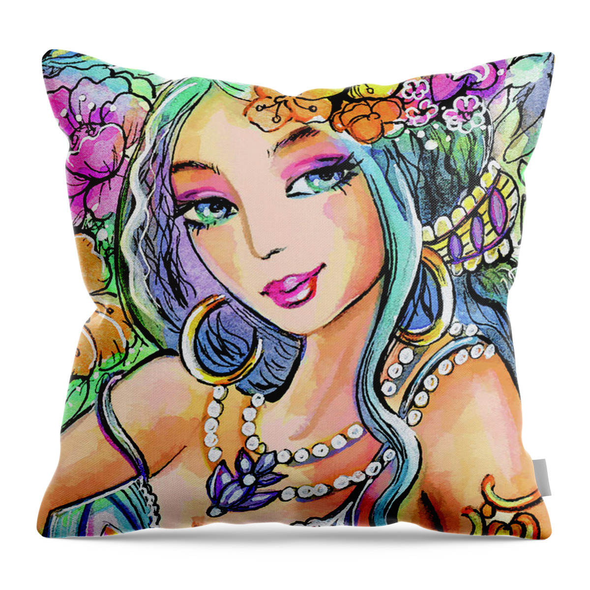 Beautiful Eastern Woman Throw Pillow featuring the painting The Flowery Stream by Eva Campbell