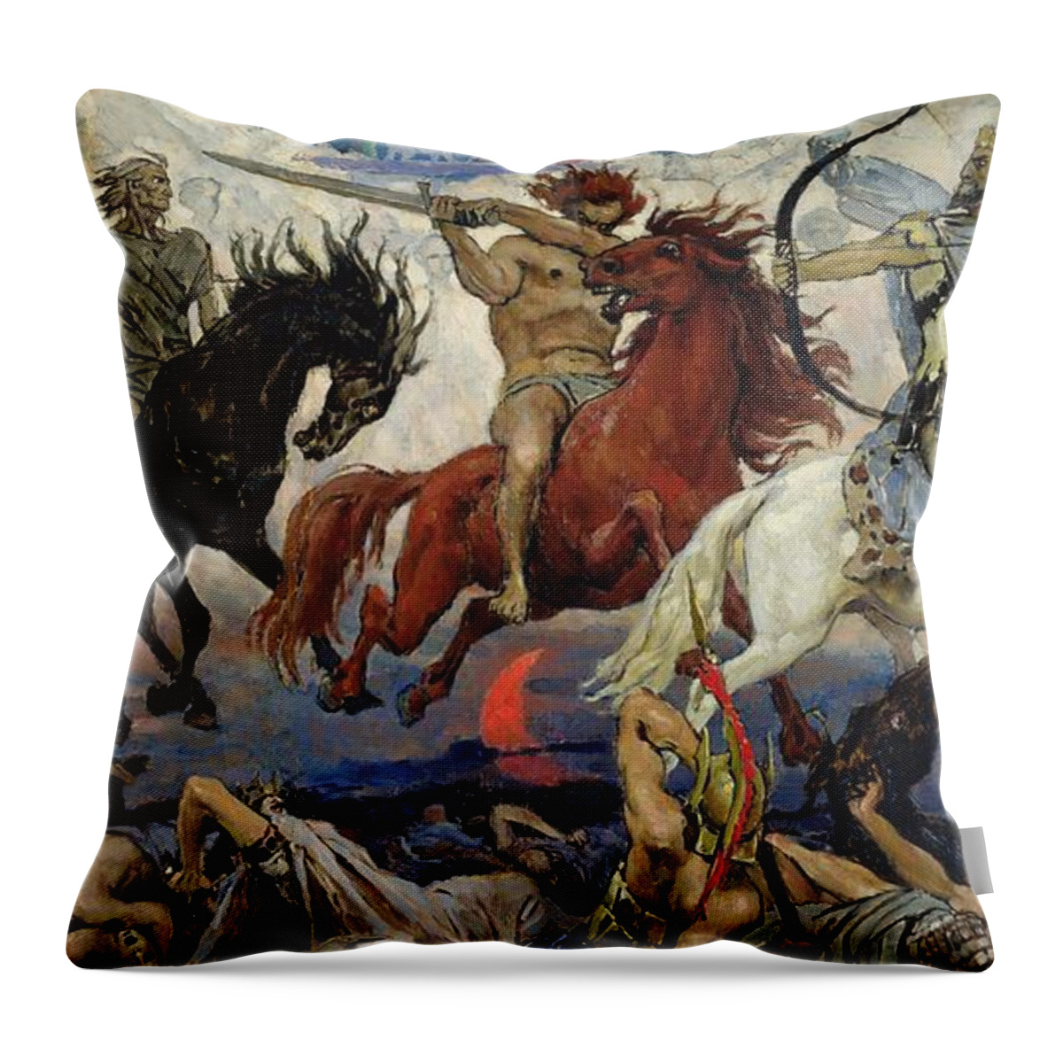 The Throw Pillow featuring the painting The Four Horsemen of the Apocalypse by Victor Mikhailovich Vasnetsov