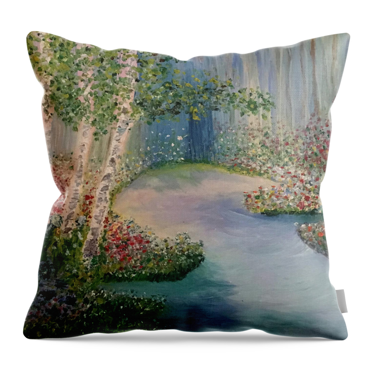 Spring Throw Pillow featuring the painting The Four Seasons of the 3 Birch Trees - Spring by Susan Grunin