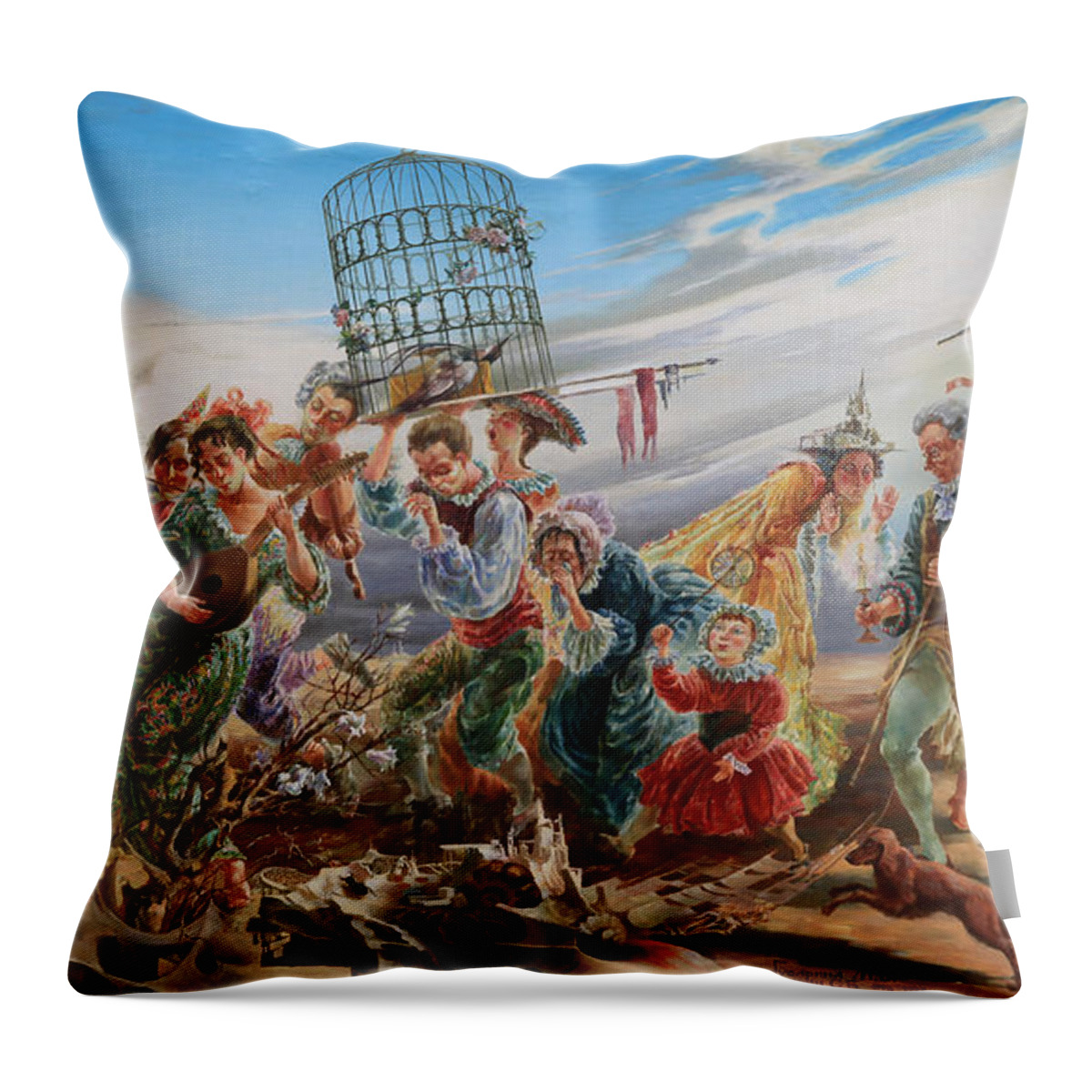 Russian Artists New Wave Throw Pillow featuring the painting The Funeral of Bird. From Triptych Procession by Maya Gusarina