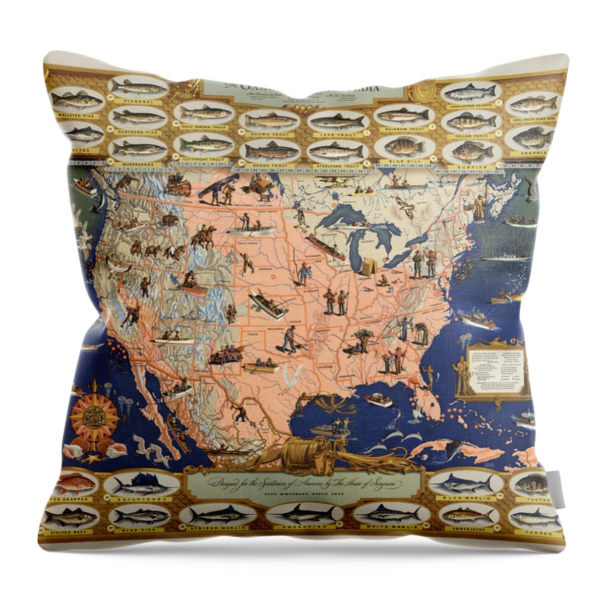 Game Fish Varieties Throw Pillow featuring the drawing The Game Fish Cyclopedia - Game Fish - Angling Chart of the USA - Illustrated Game Fishing Chart by Studio Grafiikka