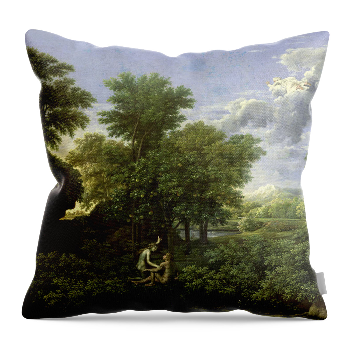 Spring Throw Pillow featuring the painting The Garden of Eden by Nicolas Poussin 