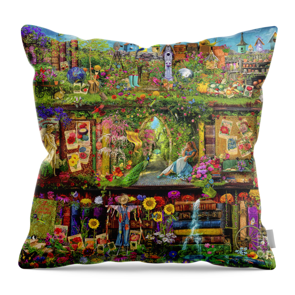 Aimee Stewart Throw Pillow featuring the digital art The Garden Shelf by MGL Meiklejohn Graphics Licensing