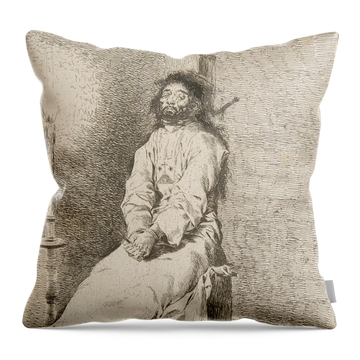 Spanish Art Throw Pillow featuring the relief The garroted man by Francisco Goya
