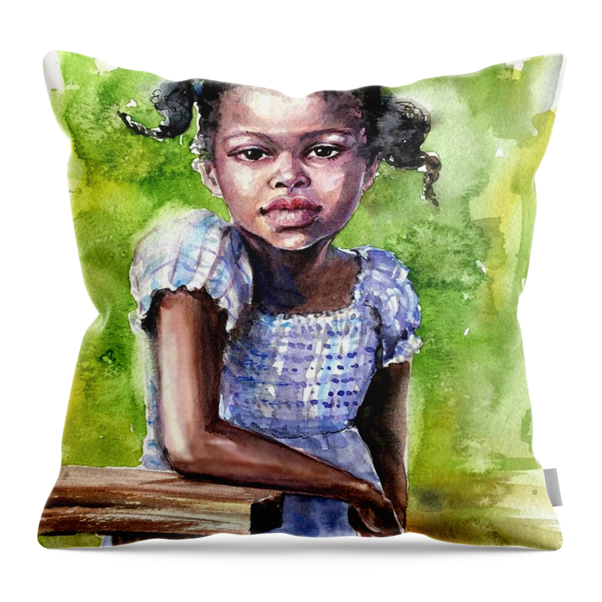 Portrait Throw Pillow featuring the painting The girl on the veranda by Katerina Kovatcheva