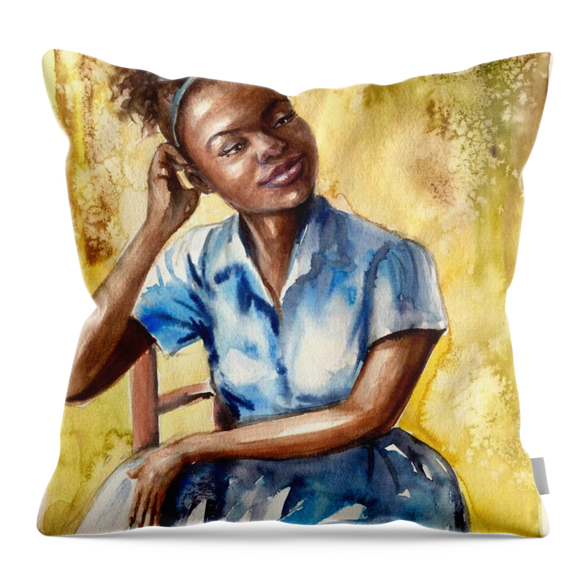 A Girl Throw Pillow featuring the painting The girl with the blue dress by Katerina Kovatcheva