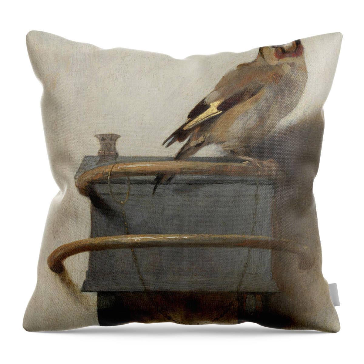 The Goldfinch Throw Pillow featuring the painting The Goldfinch, 1654 by Carel Fabritius