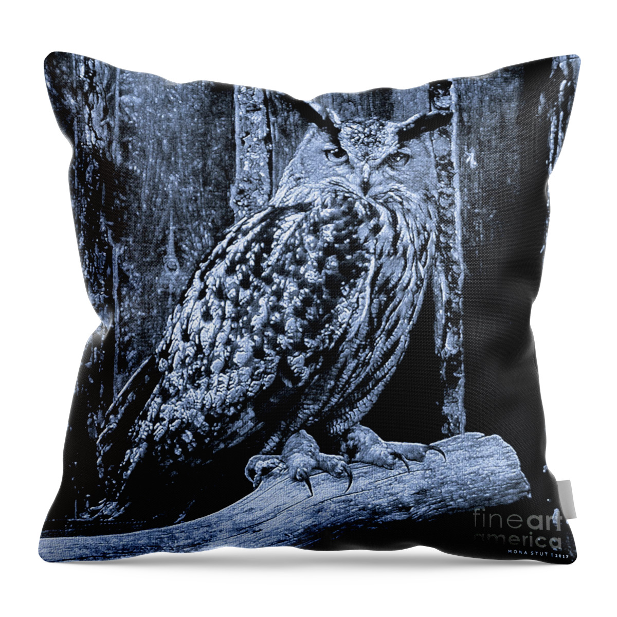 Mona Stut Throw Pillow featuring the mixed media Majestic Great Horned Owl Bubo Bubo BW by Mona Stut
