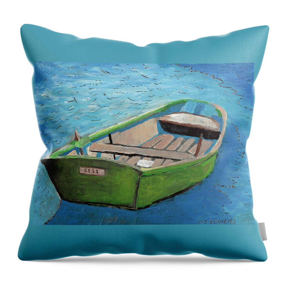 Rowboat Throw Pillow featuring the painting The Green Rowboat by William Bowers