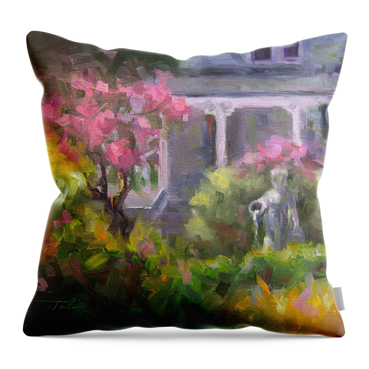 Lilac Throw Pillow featuring the painting The Guardian - plein air lilac garden by Talya Johnson