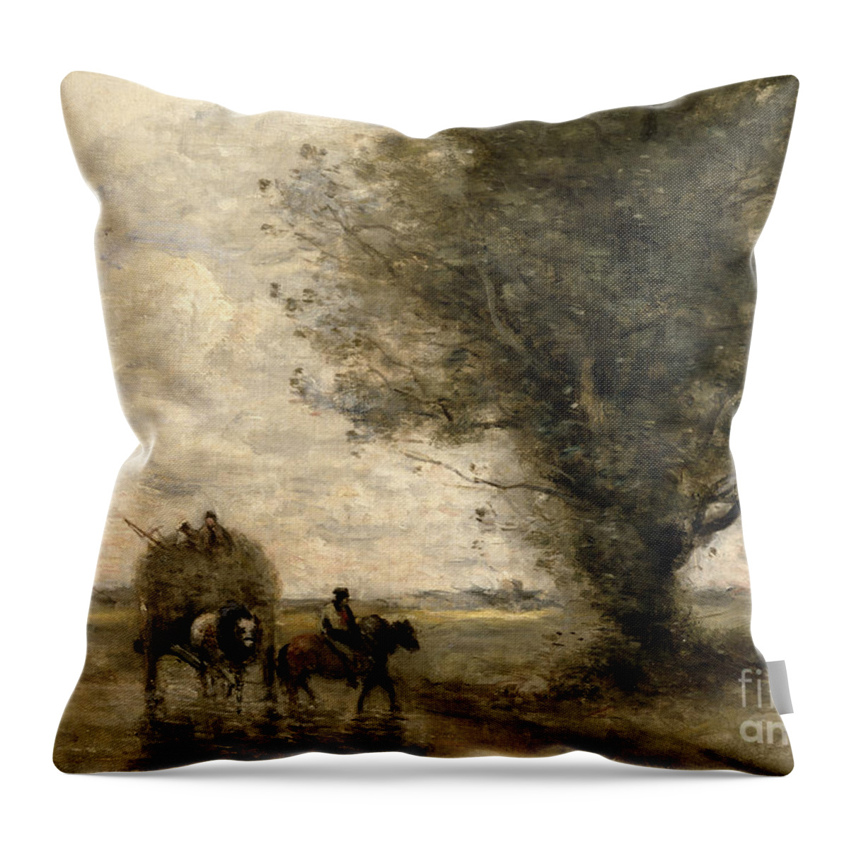 The Throw Pillow featuring the painting The Haycart by Jean Baptiste Camille Corot