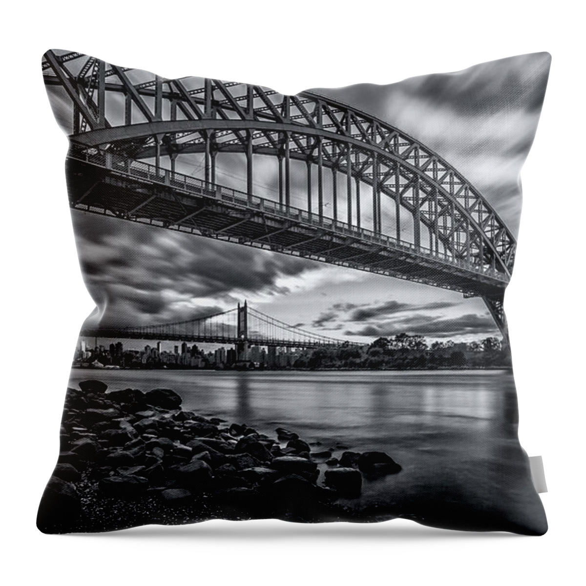 Hell Gate Bridge Throw Pillow featuring the photograph The Hell Gate BW by John Randazzo