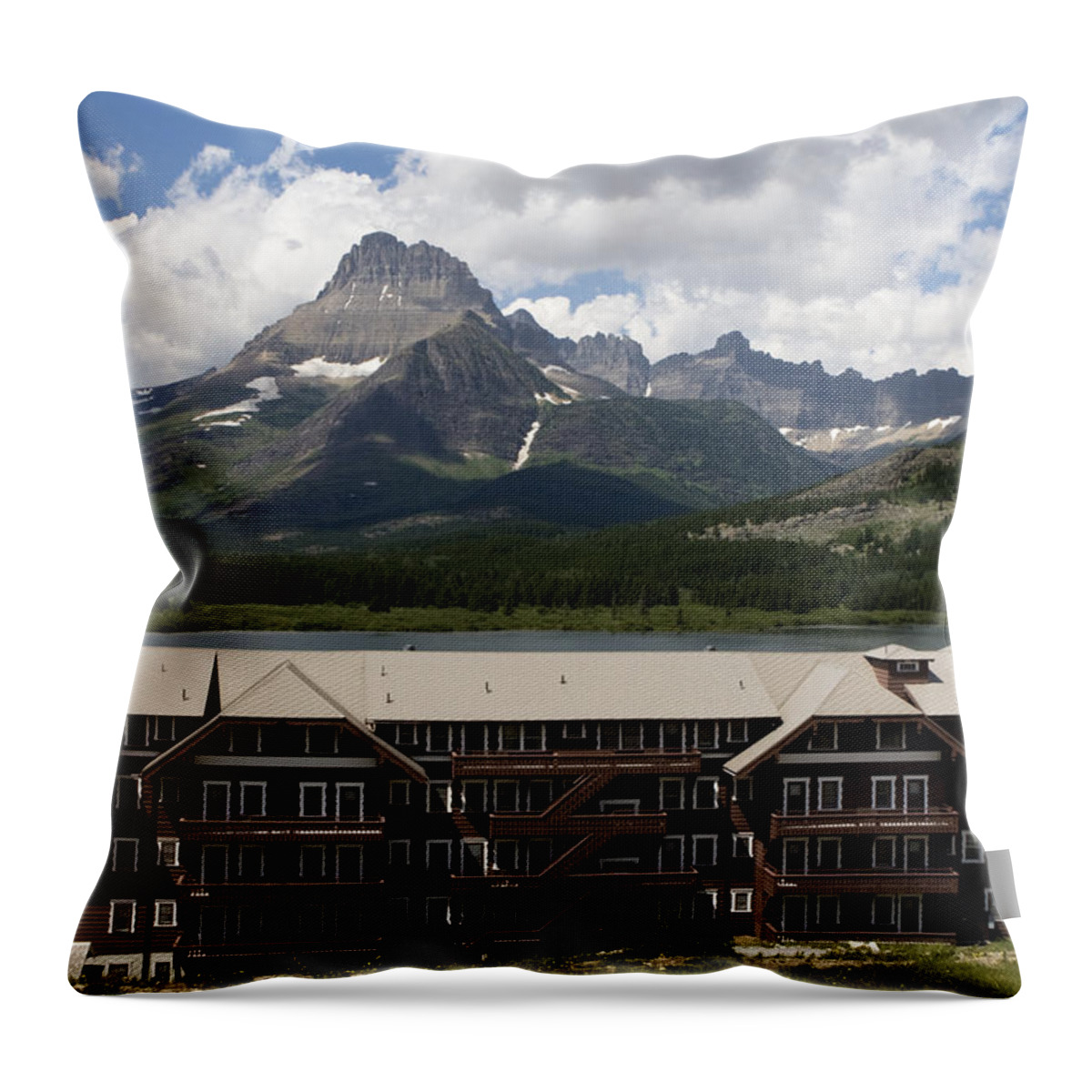 Many Glacier Lodge Throw Pillow featuring the photograph The Hills Are Alive by Lorraine Devon Wilke