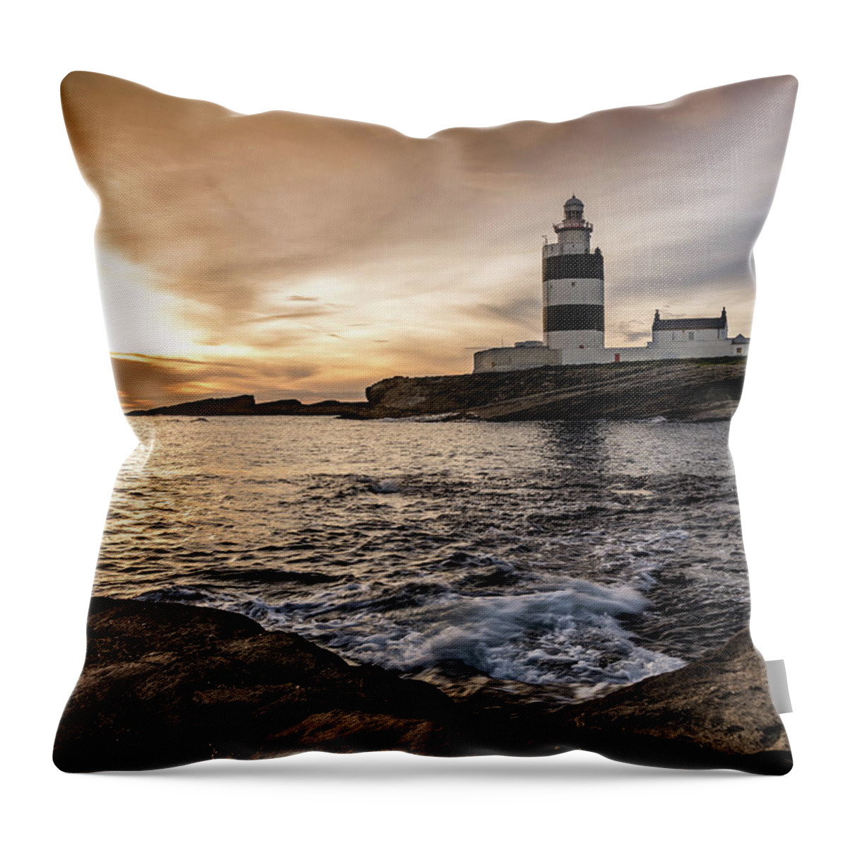 Hook Lighthouse Throw Pillow featuring the photograph The Hook at Sunset by Martina Fagan