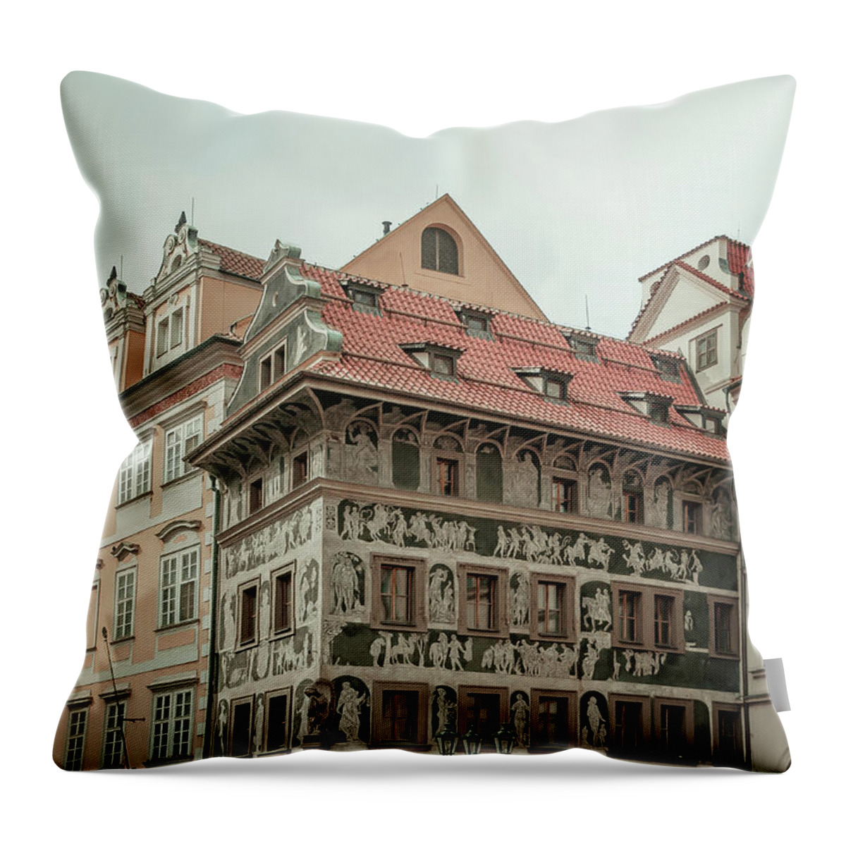 Jenny Rainbow Fine Art Photography Throw Pillow featuring the photograph The House at the Minute with Graffiti at Old Town Square by Jenny Rainbow