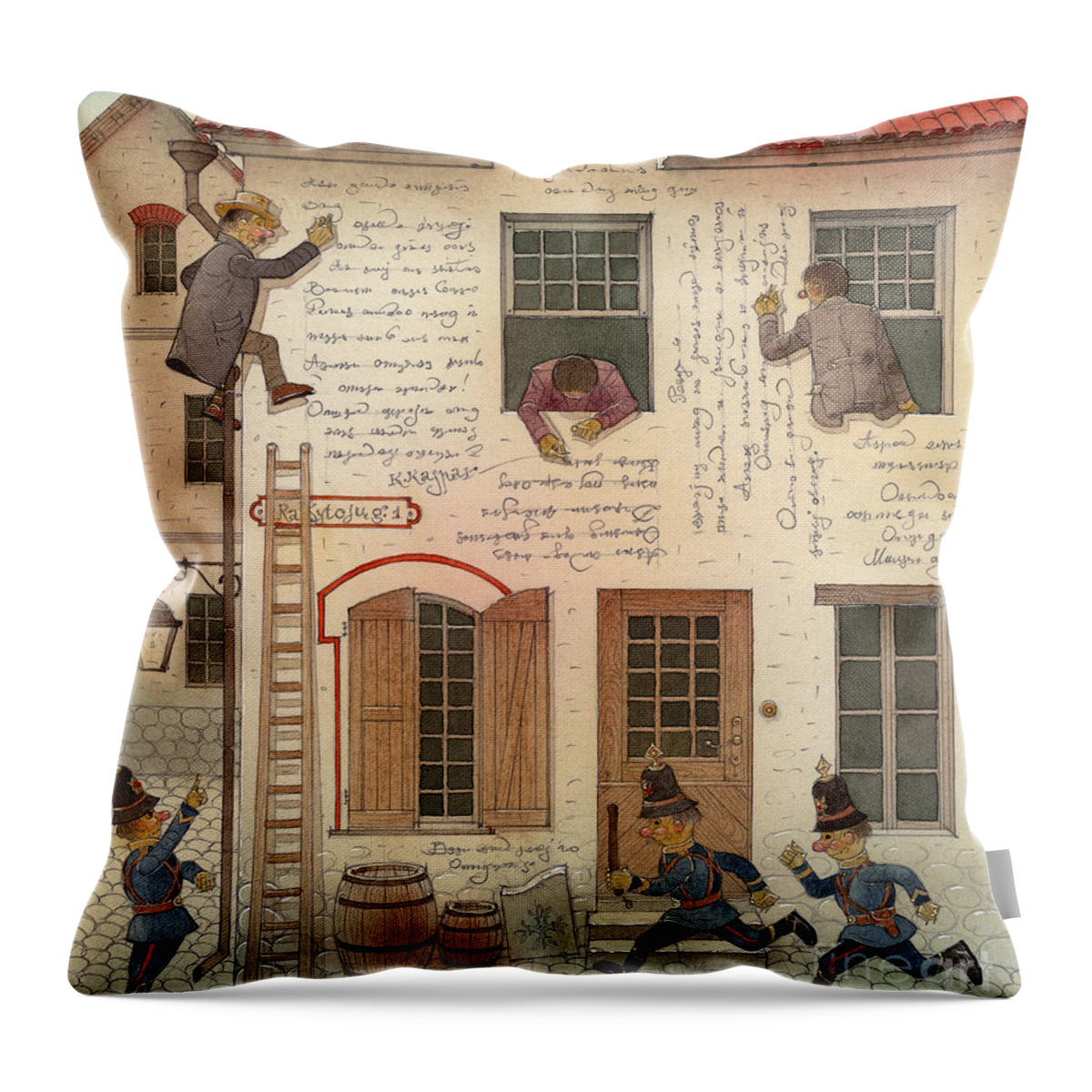 House Town City Oldtown Police Landscape Writing Graffiti Throw Pillow featuring the painting The house of writers by Kestutis Kasparavicius