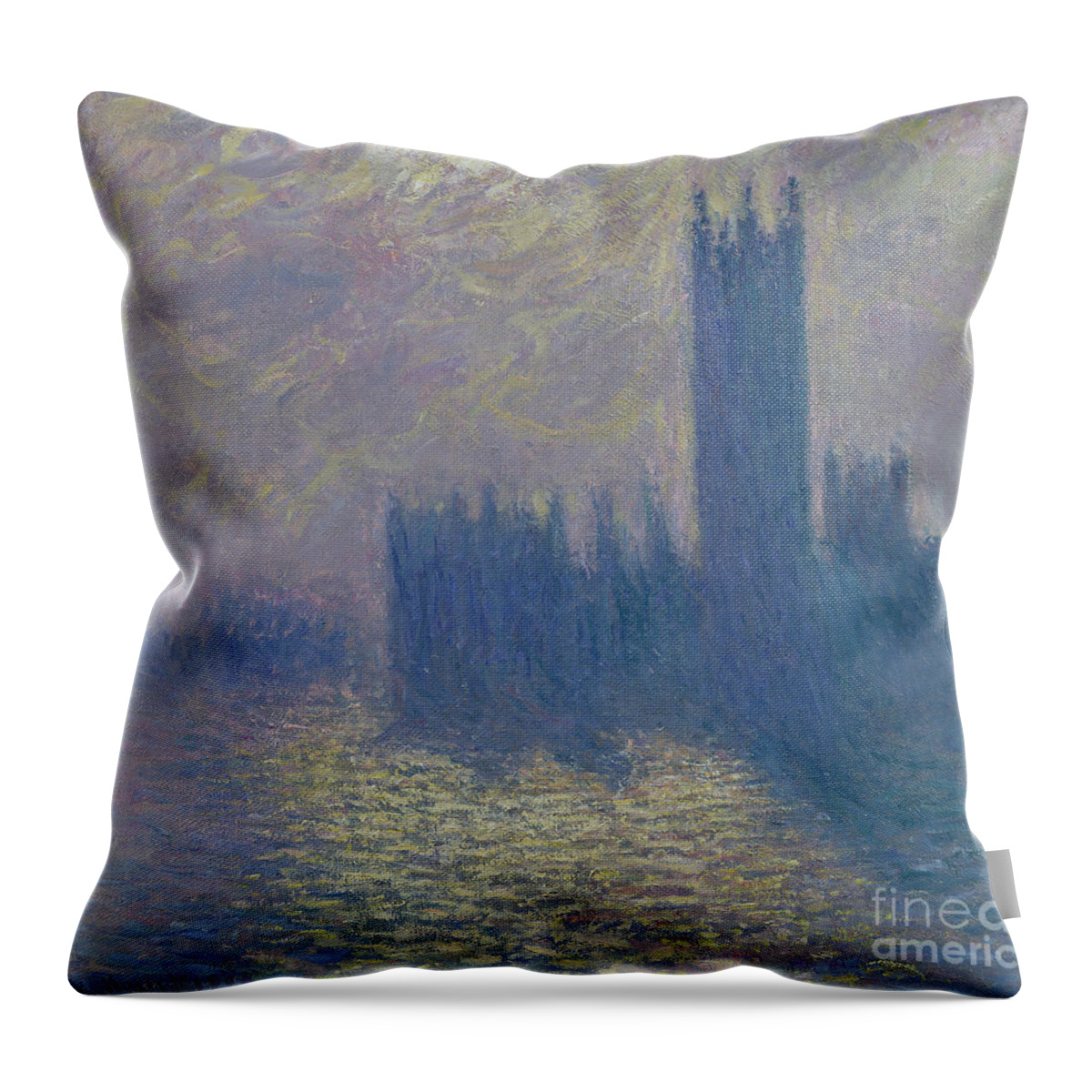 The Throw Pillow featuring the painting The Houses of Parliament Stormy Sky by Claude Monet