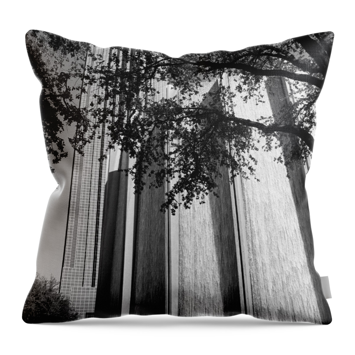 Houston Throw Pillow featuring the photograph The Houston Water Wall and Williams Tower in Black and White by Angela Rath
