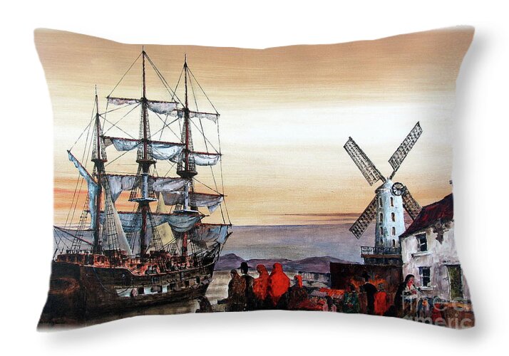 Wild Atlantic Way Kerry Throw Pillow featuring the painting The Jeanie Johnson Famine Ship, Blennerhasset, Kerry. by Val Byrne