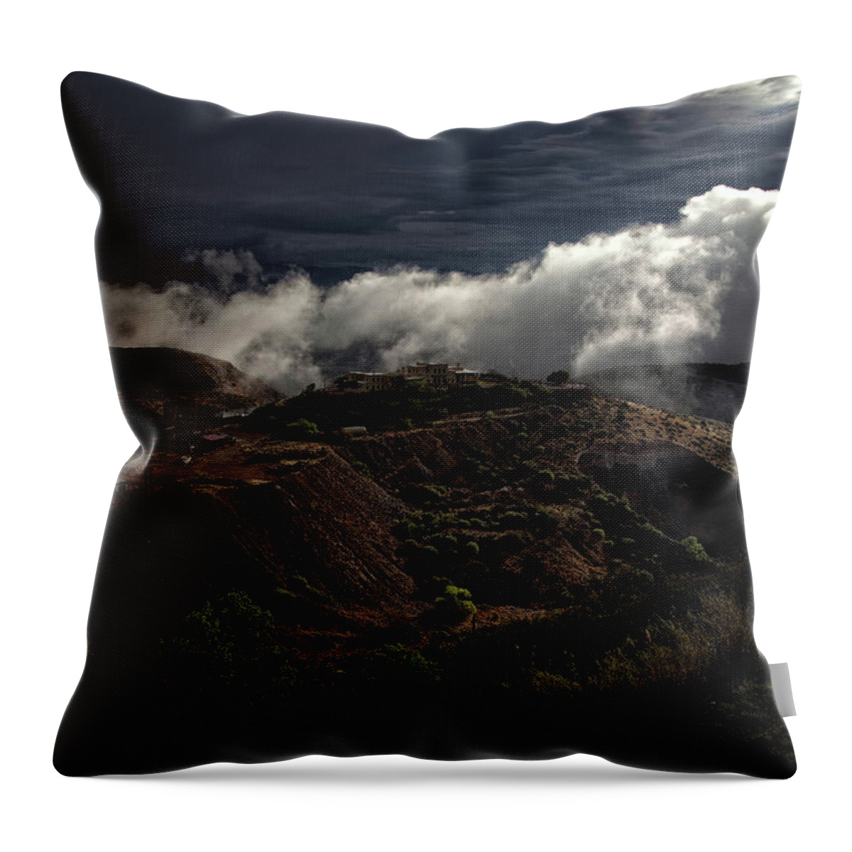 Douglas Mansion Throw Pillow featuring the photograph The Jerome State Park with low lying clouds after storm by Ron Chilston