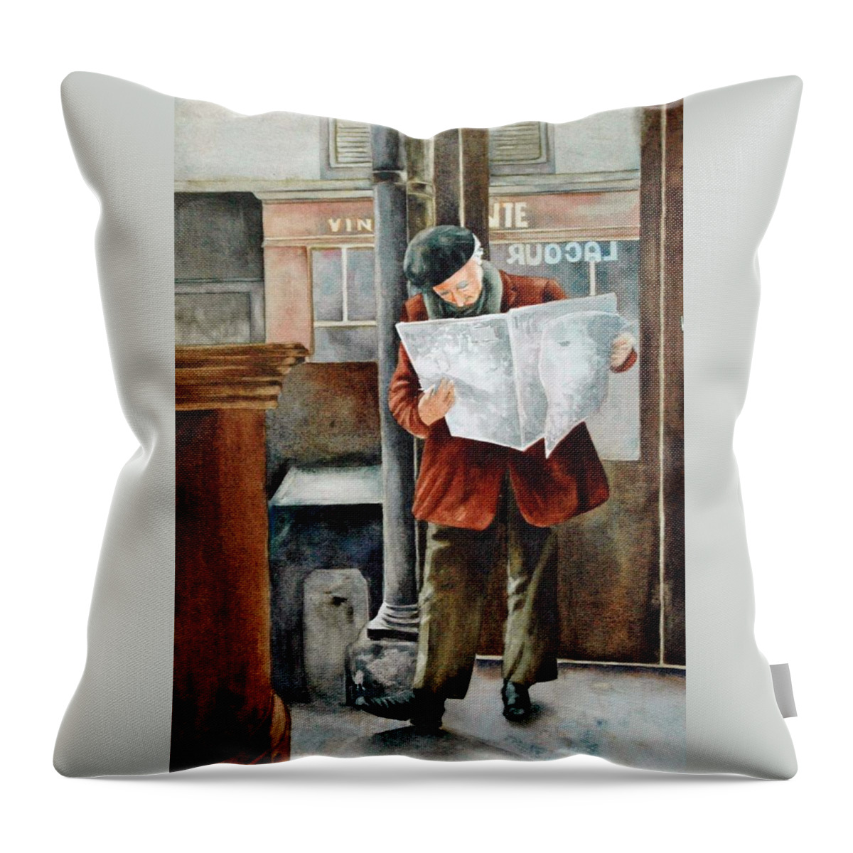 Man Throw Pillow featuring the painting The Latest News by Diane Fujimoto