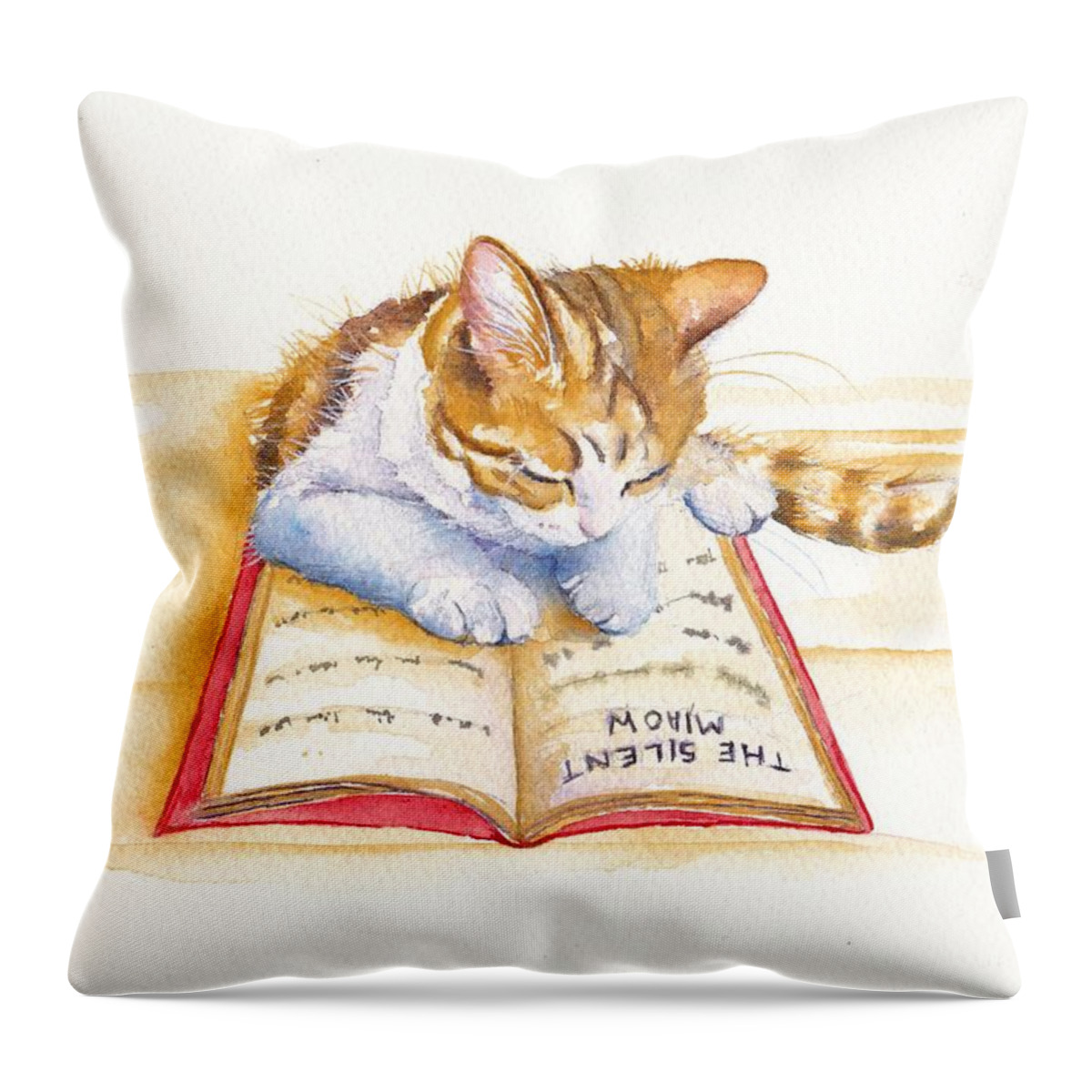 Cats Throw Pillow featuring the painting Reading Kitten - The Lesson by Debra Hall