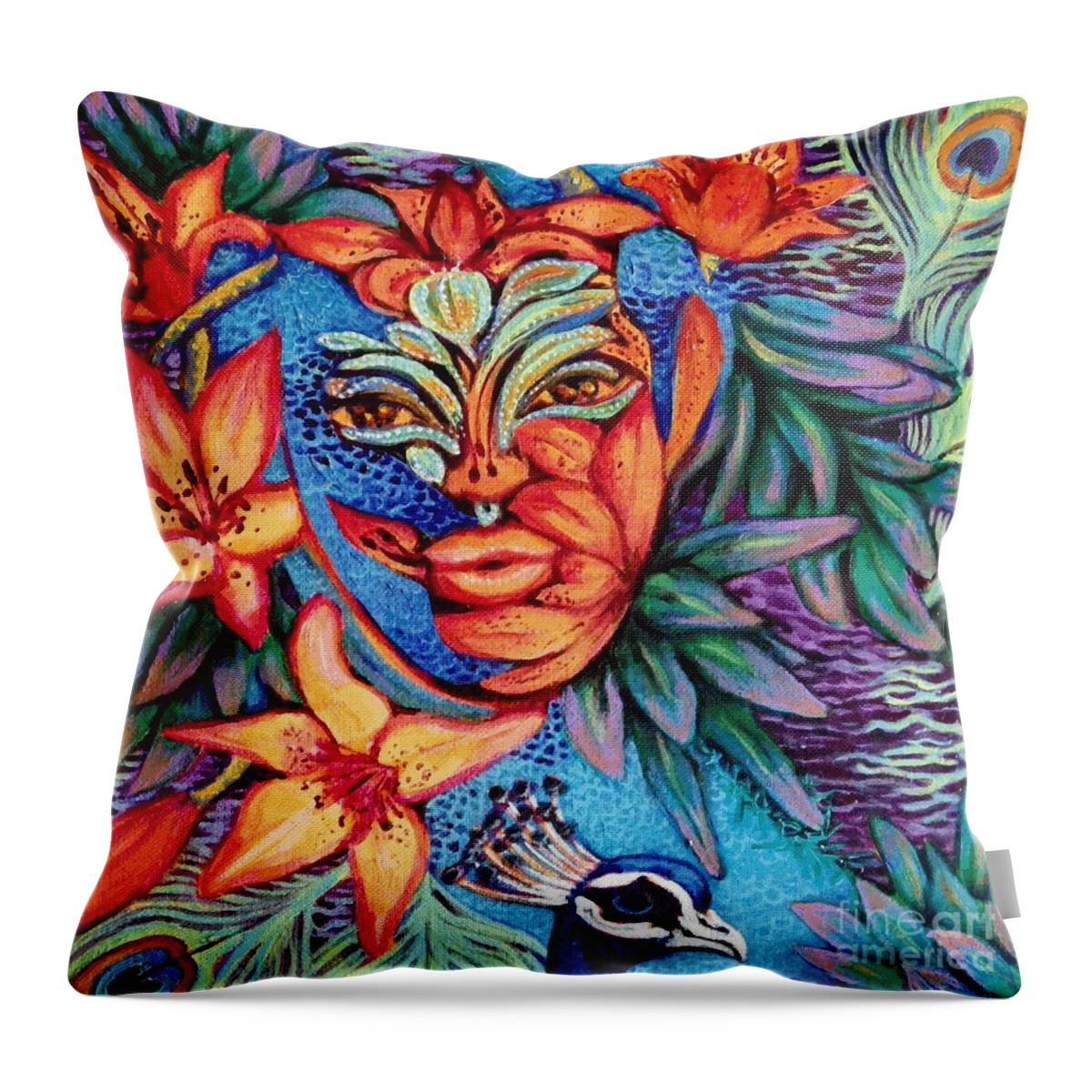 Lilies Throw Pillow featuring the painting The Lily and the Peacock by Linda Markwardt
