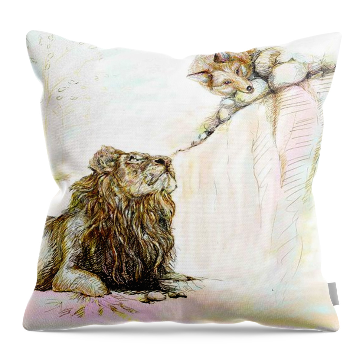 Lion Throw Pillow featuring the painting The Lion and The Fox 1 - The First Meeting by Sukalya Chearanantana