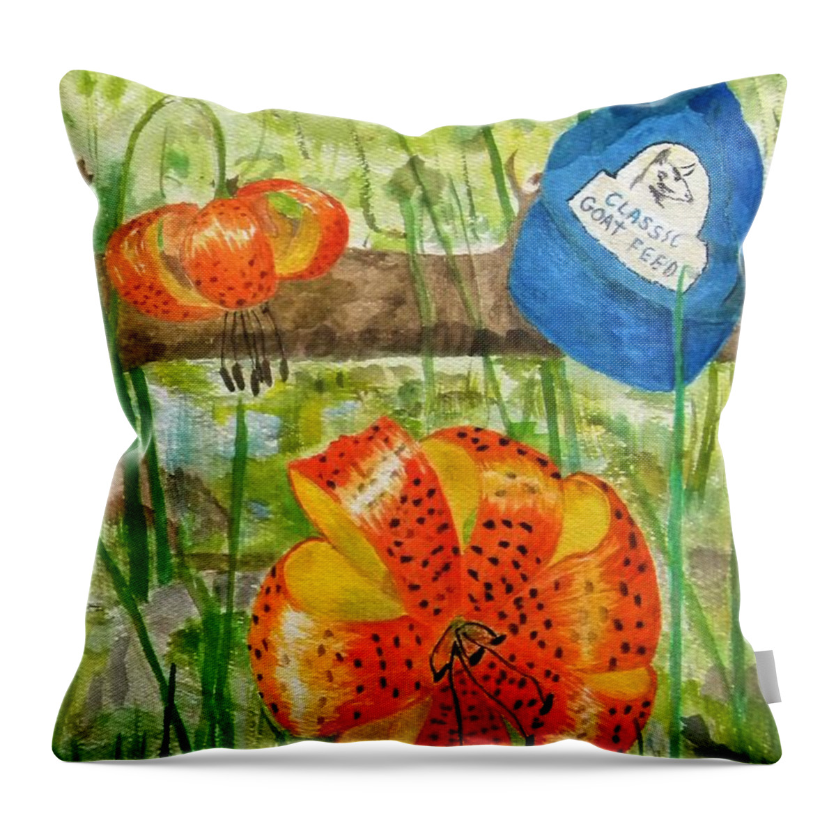 Tiger Lilies Throw Pillow featuring the painting The Lost Hat by Caroline Henry